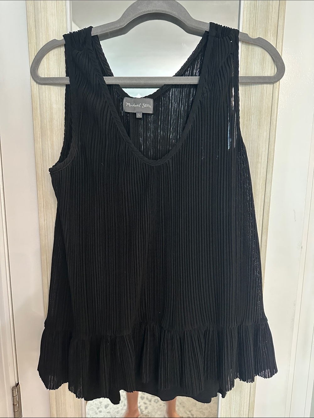 Michael Stars Black Pleated V-Neck Tank with Ruffle Hem